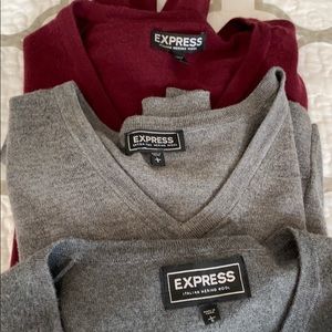 Three Express Merino Wool V-Neck Sweaters Large